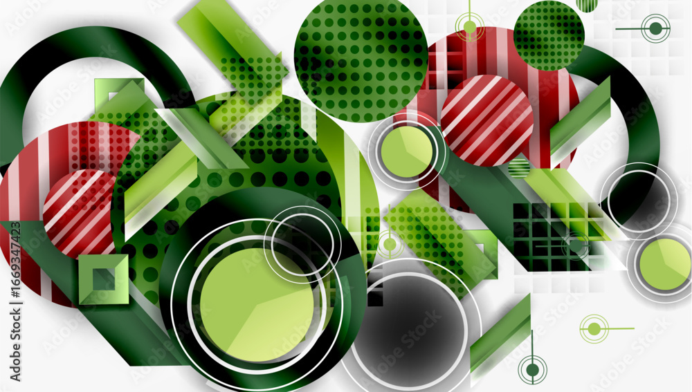 Poster abstract geometric composition. circles, rectangles overlap creating dynamic visual effect. green, r