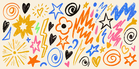 Assortment of Hand Drawn Doodle Graphics and Symbols in Bright Hues icon