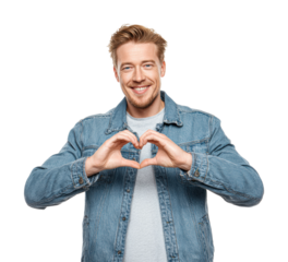 Heartwarming gesture of joyful man portrait isolated on transparent background