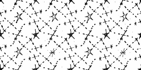 Hand Drawn Star and Dot Pattern with Crosses on White Background stars dots
