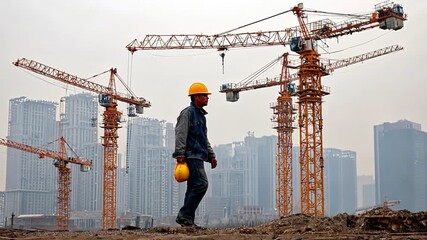 A construction worker wearing a safety helmet walks through a building site filled with cranes and skyscrapers, highlighting the hustle of urban development and industry activity.