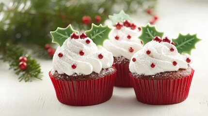 A trio of cupcakes with decorative frosting, festive colors, balanced layout