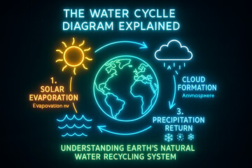 Glowing Water Cycle Diagram with Evaporation and Condensation for Education
