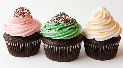 A trio of cupcakes with decorative frosting, festive colors, balanced layout