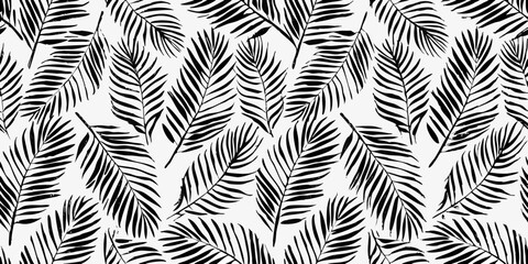 Seamless Black and White Pattern of Palm Fronds tropical leaves