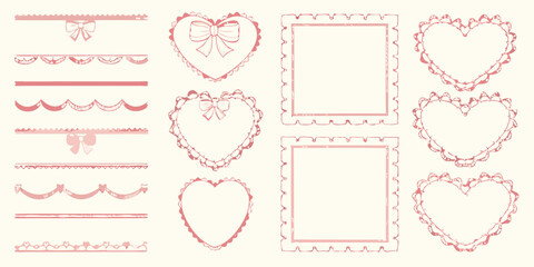 Pink Hand Drawn Decorative Borders Frames And Heart Shapes With Bows ribbon