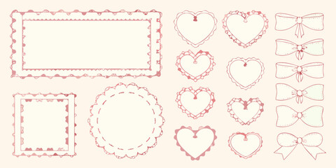 Pink Hand Drawn Decorative Frames Hearts Bows And Scalloped Circles border ribbon