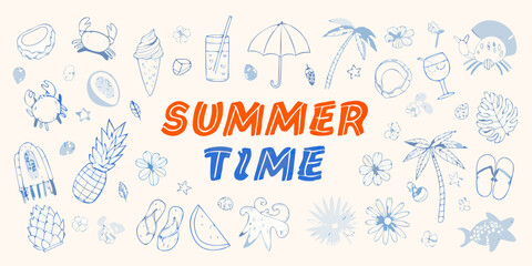 Whimsical Summer Vacation Icons and Text With Palm Trees And Beach Elements time