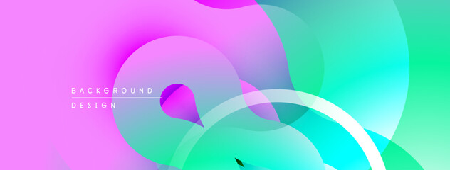 Abstract fluid shapes blend vibrant pinks, purples, greens. Overlapping layers create dynamic visual texture. Modern design element.