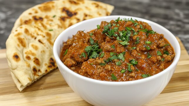 A bowl of spicy curry served with naan bread, cultural fusion theme