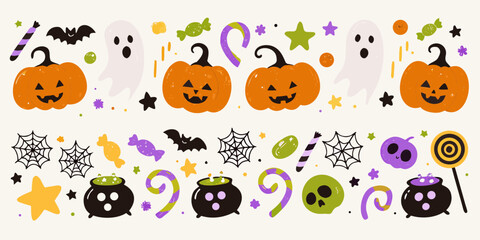 Obraz premium Halloween Themed Decorative Border With Pumpkins Ghosts And Candy holiday spooky