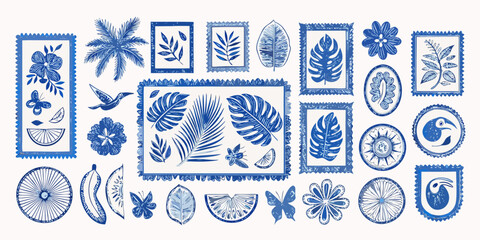 Blue Botanical Elements and Frames Hand Drawn Illustration Collection floral
