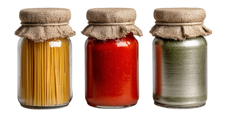 Isolated Colorful Jars with Pasta, Sauce, and Spice on Transparent Background