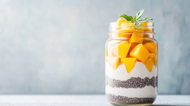 A parfait jar layered with chia seeds and mango puree, health-conscious design