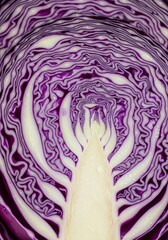 Obraz premium Macro View of Halved Red Cabbage, Vivid Texture and Pattern for Background Use, Top-Down Close-Up of Sliced Purple Cabbage, Natural Surface Detail in Macro Style