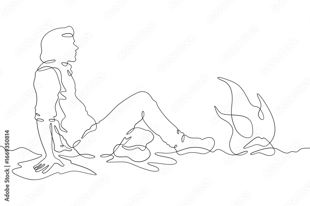 Poster continuous single line drawing man sitting by the fire.linear design. one continuous line isolated m