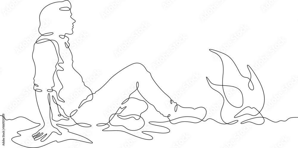 Poster continuous single line drawing man sitting by the fire.linear design. one continuous line isolated m