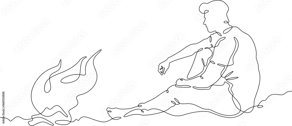 Poster continuous single line drawing man sitting by the fire.linear design. one continuous line isolated m