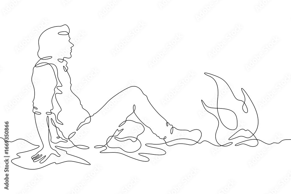 Poster continuous single line drawing man sitting by the fire.linear design. one continuous line isolated m