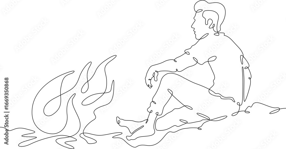 Poster continuous single line drawing man sitting by the fire.linear design. one continuous line isolated m