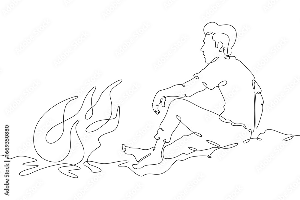 Poster continuous single line drawing man sitting by the fire.linear design. one continuous line isolated m
