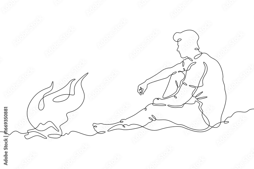 Poster continuous single line drawing man sitting by the fire.linear design. one continuous line isolated m
