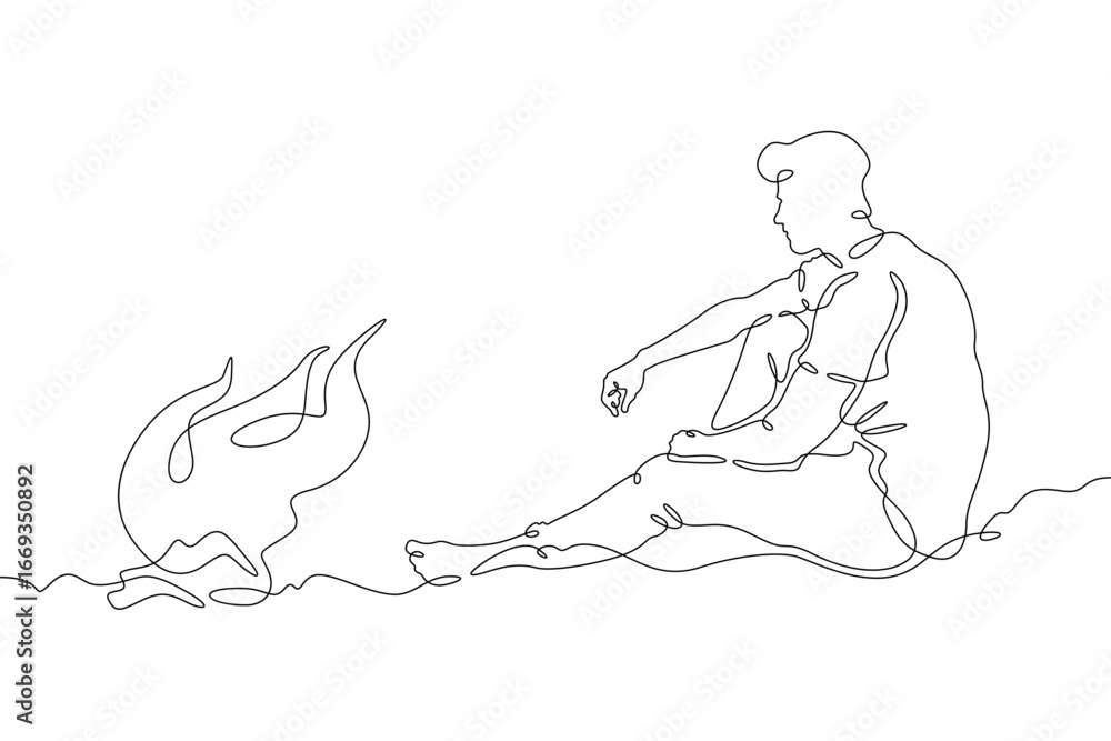 Poster continuous single line drawing man sitting by the fire.linear design. one continuous line isolated m