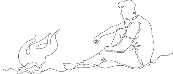 Continuous single line drawing man sitting by the fire.Linear design. One continuous line isolated minimalist illustration. Not AI.