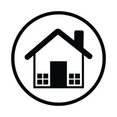 Black house icon with windows inside a circle on white background