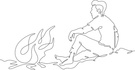 Continuous single line drawing man sitting by the fire.Linear design. One continuous line isolated minimalist illustration. Not AI.