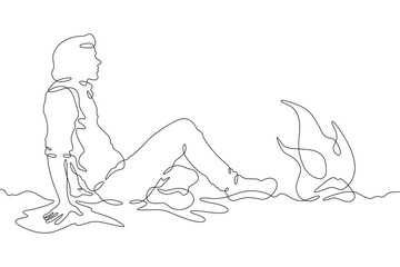 Continuous single line drawing man sitting by the fire.Linear design. One continuous line isolated minimalist illustration. Not AI.