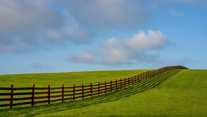 Fototapeta premium Weathered Wooden Fence Along Green Fields Under Cloudy Blue Sky – Rustic Countryside Landscape