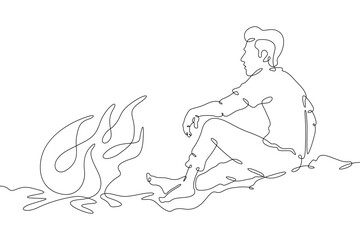 Continuous single line drawing man sitting by the fire.Linear design. One continuous line isolated minimalist illustration. Not AI.