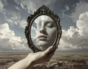 Holding a mirror with the reflection of a face 