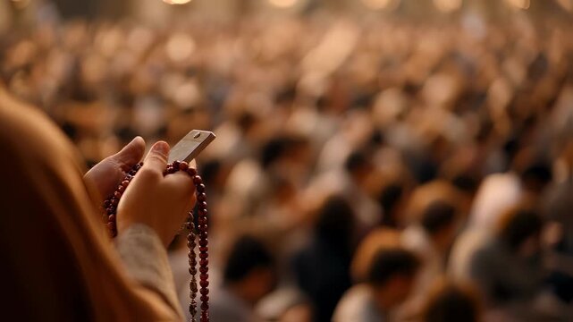 Focused medium shot capturing a solarpowered digital rosary tally gently held while the background crowd of prayers glimmers softly out of focus.