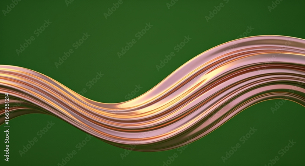 Poster dynamic flowing bronze wave abstract on a textured green background, modern design element
