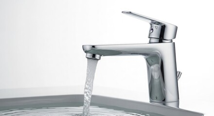 Chrome Faucet with Flowing Water in Sink image photo