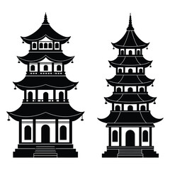 Two Black Silhouettes of Traditional Chinese Pagodas