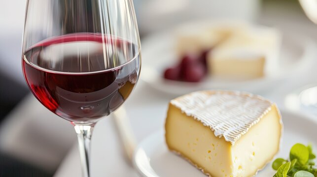 A glass of red wine paired with a cheese wedge, intimate dining mood