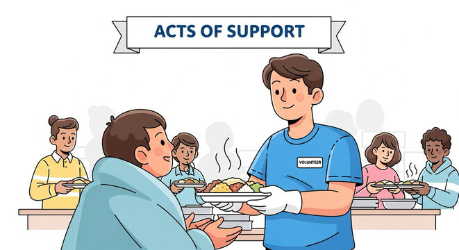 Cartoon volunteer giving food to another person, text &ldquo;Acts of Support&rdquo;.