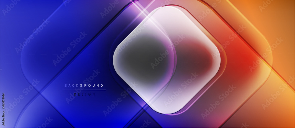 Poster abstract gradient background. blue, purple, orange hues blend. geometric shapes overlap creating dyn