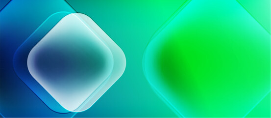 Abstract background features layered squares, vibrant turquoise, green hues. Smooth gradients create modern, digital aesthetic.