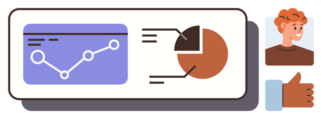 Line graph and pie chart on screen with data points and labels, profile of smiling person, thumbs-up gesture. Ideal for analytics, feedback, teamwork, reporting, success, presentations simple flat