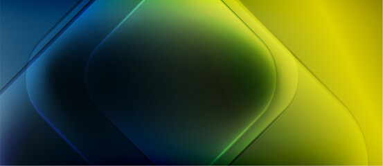 Abstract geometric shapes, vibrant gradients. Blue transitions to green, then yellow. Smooth curves create layered effect. Modern design.