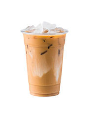 A delicious latte iced coffee served in a plastic cup
