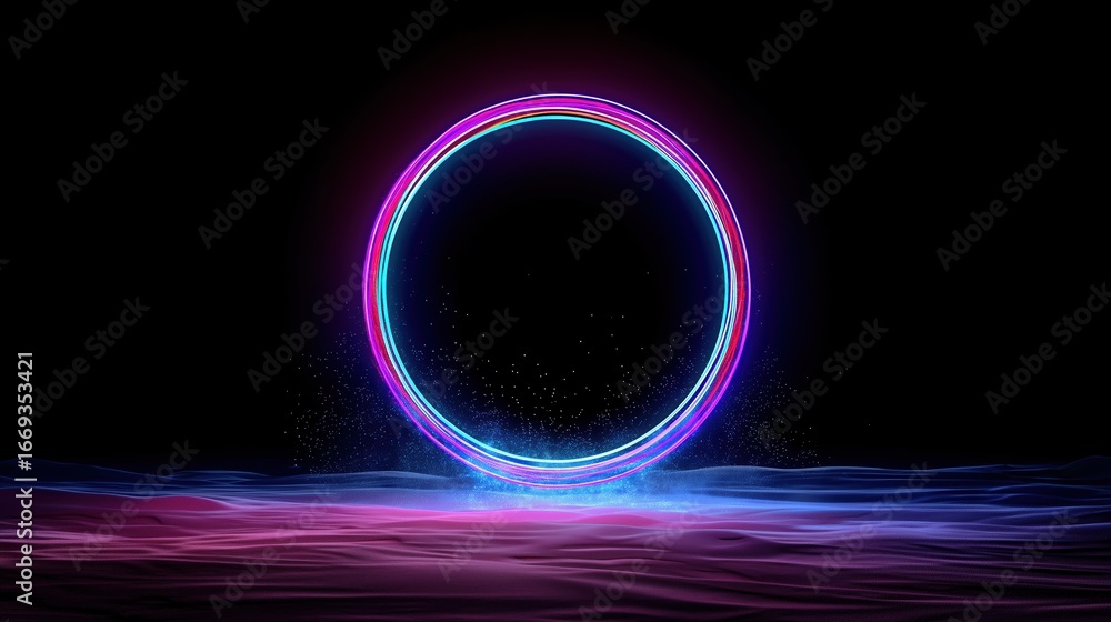 Poster 3d render of colorful neon light ring hovering over sandy desert landscape with flying particles and