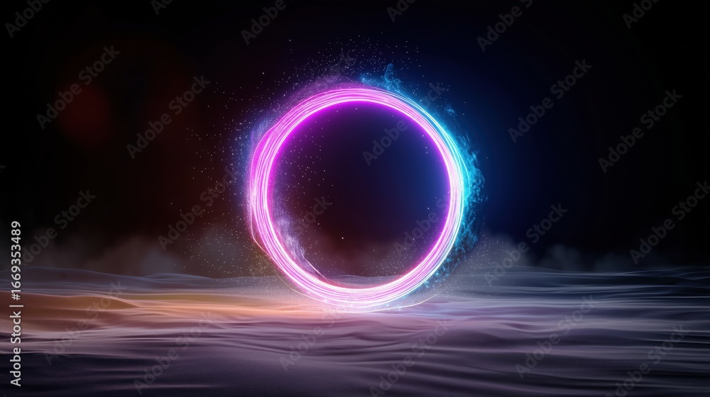 Poster 3d render of colorful neon light ring hovering over sandy desert landscape with flying particles and