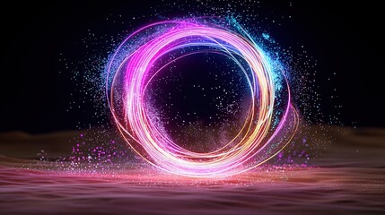 3D render of colorful neon light ring hovering over sandy desert landscape with flying particles and glowing lines, abstract circular frame for product showcase on black background.