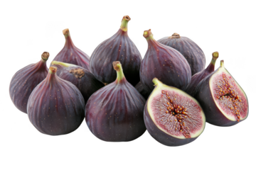 Delicious fresh figs still life photography, ripe and juicy fruit, healthy food, fig slices, close up, isolated on transparent background
