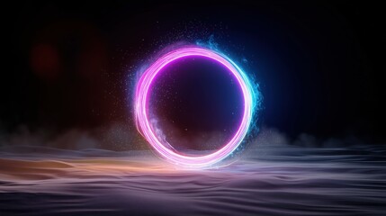 3D render of colorful neon light ring hovering over sandy desert landscape with flying particles and glowing lines, abstract circular frame for product showcase on black background.